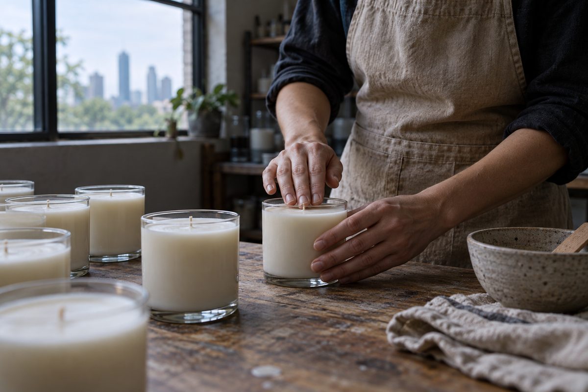 Master candlemaker inspecting smooth surface finish of cured soy wax candle in studio