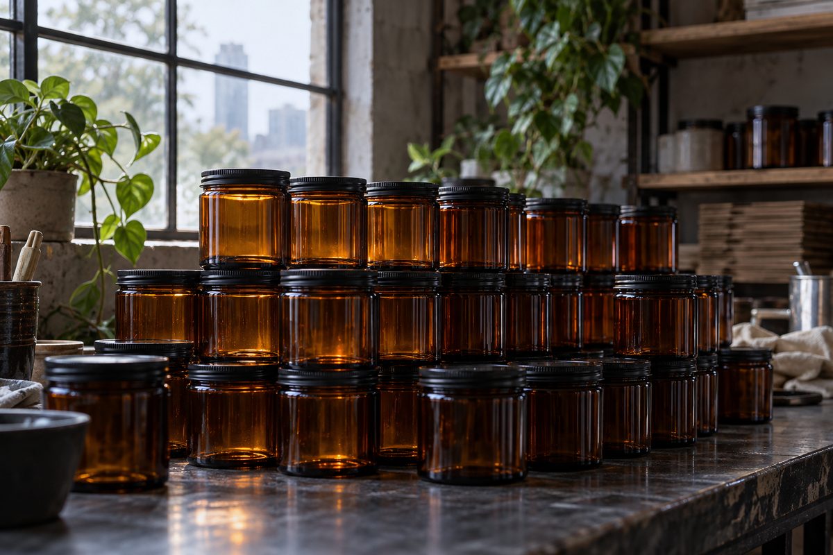 Grid of empty 9 oz amber glass candle jars with black bakelite lids on dark wooden surface