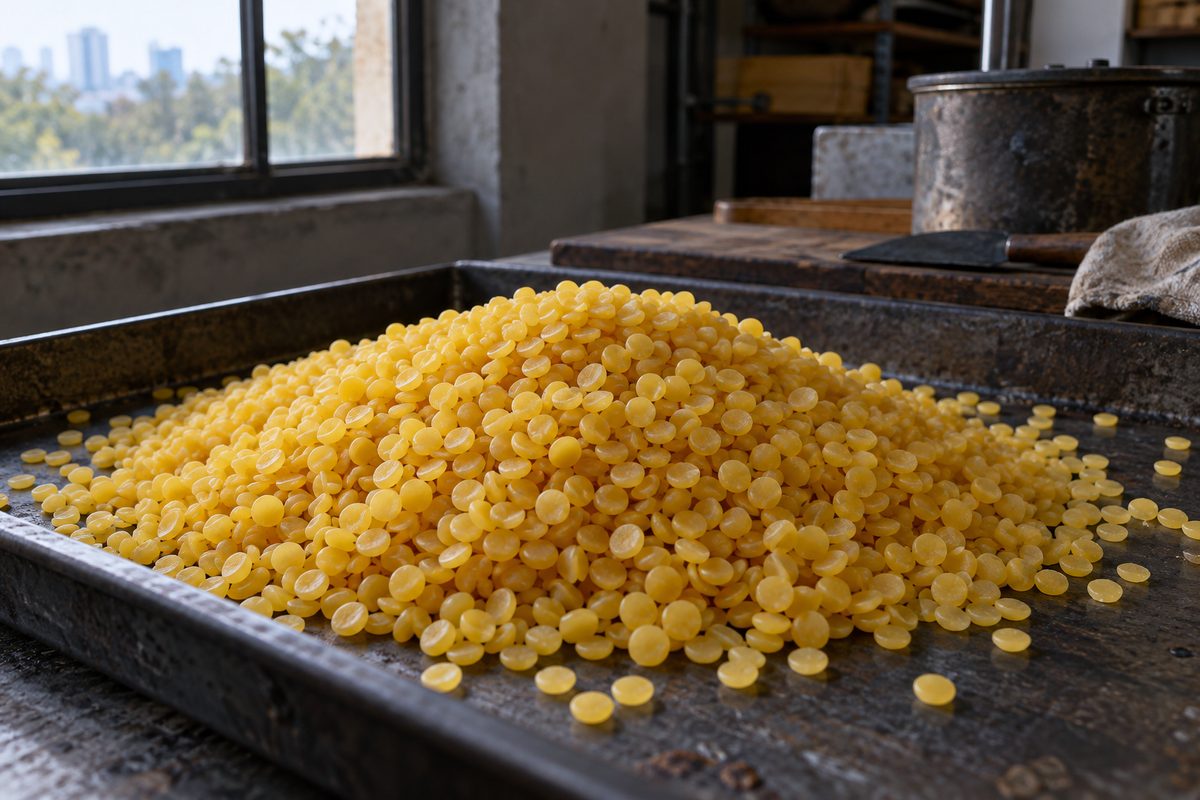 Close-up of golden yellow cosmetic-grade beeswax pellets on steel workbench