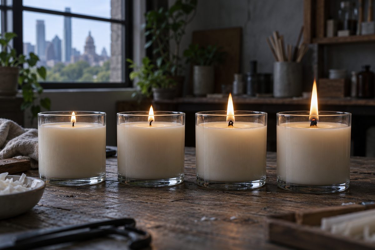 Side-by-side burn rate testing comparing four different wick diameters in identical jars