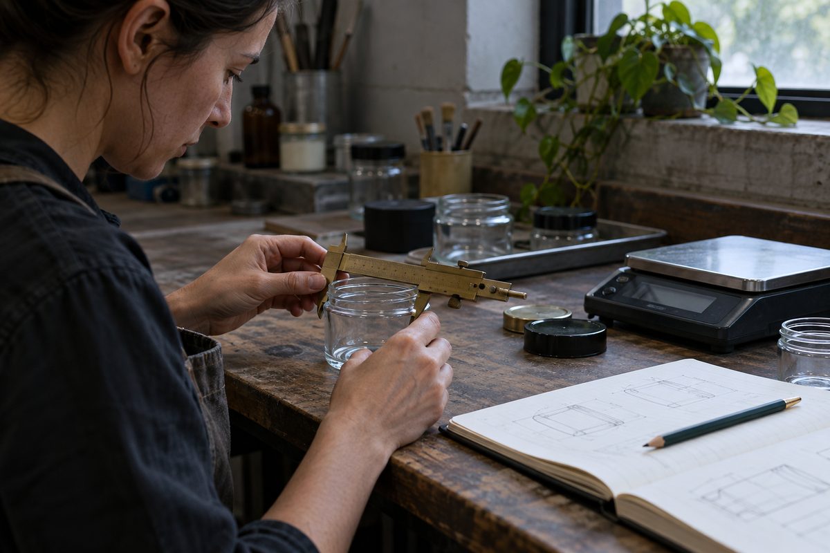 Studio formulation desk with digital scale, calipers, and technical recipe notebook