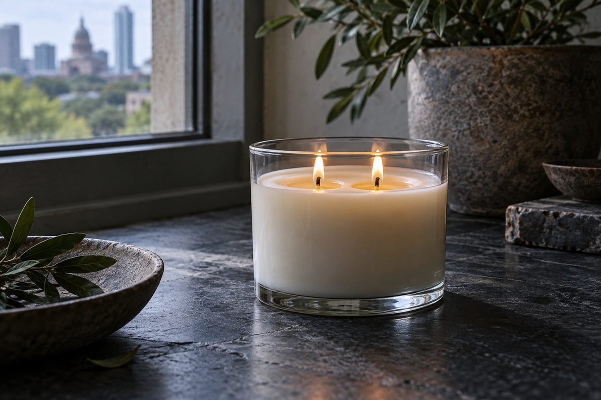 16 oz double wick clear glass candle with twin flames burning evenly across wide melt pool