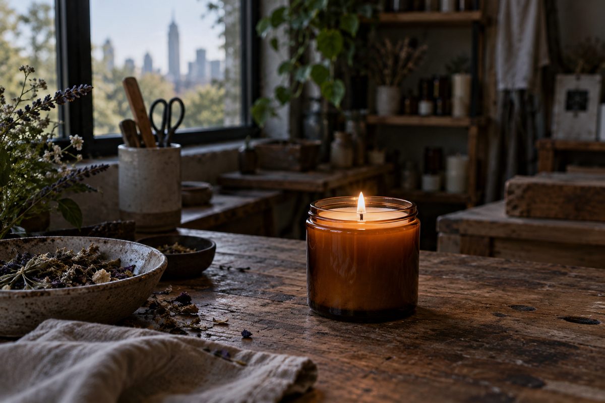 Hand-poured 9 oz amber jar soy candle burning with steady flame and clean liquid melt pool