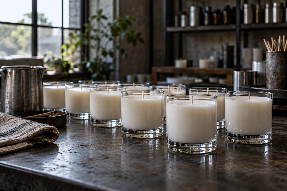 Heavy base clear glass candle tumblers displaying thick solid bottom profile