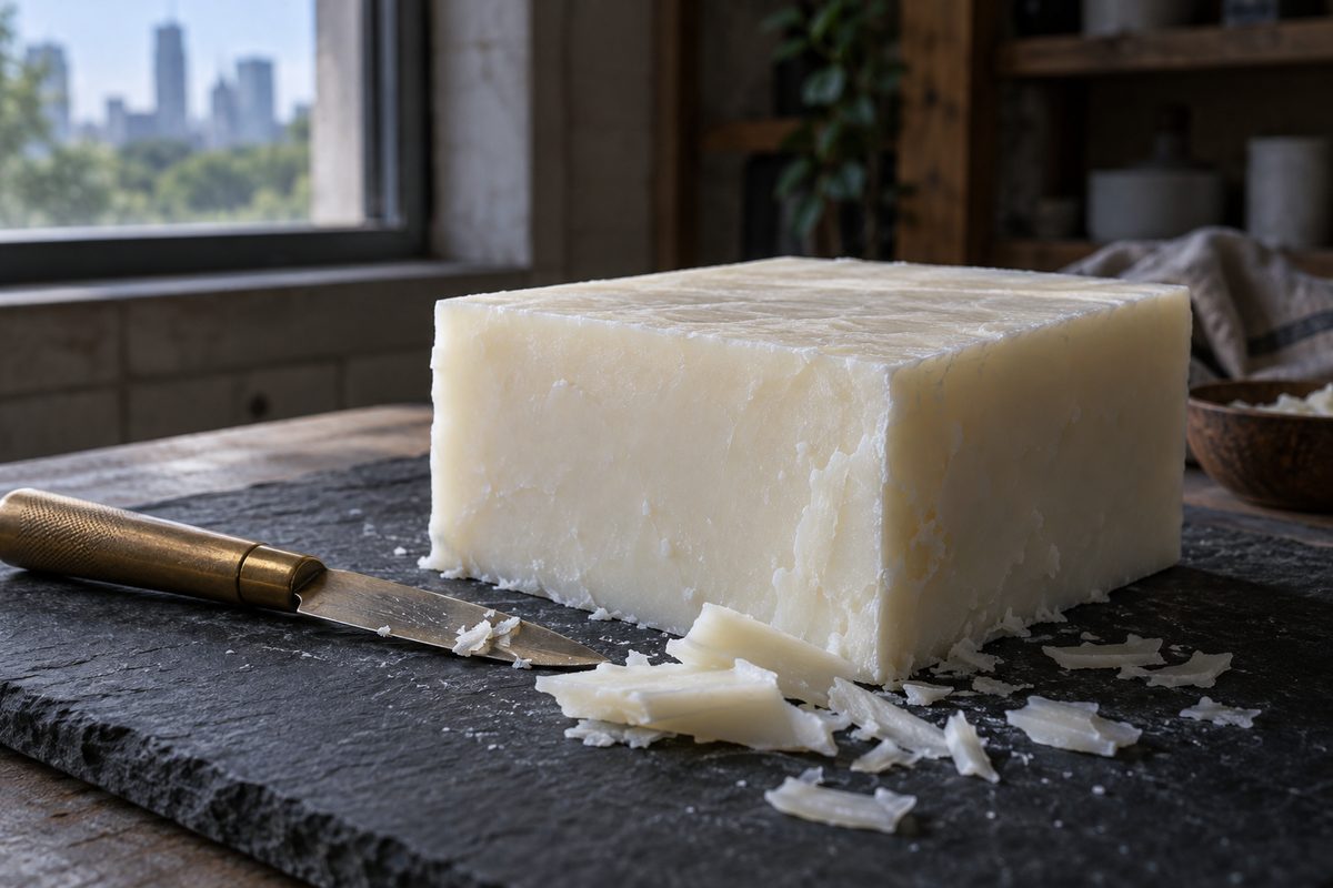 Dense slab of coconut apricot creme wax on dark slate with clean cut profile
