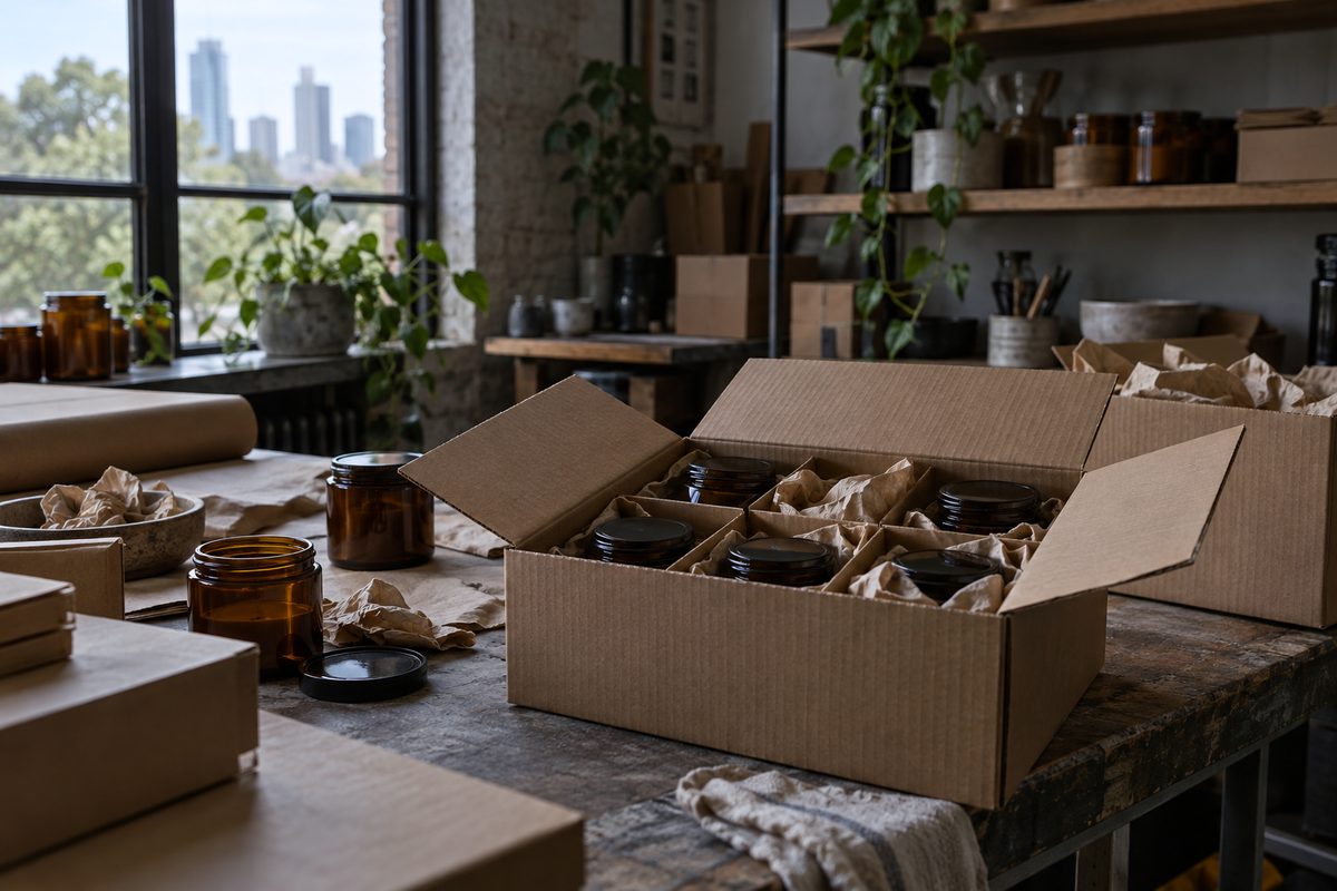 Studio dispatch packing station with corrugated boxes and amber jars ready for transport