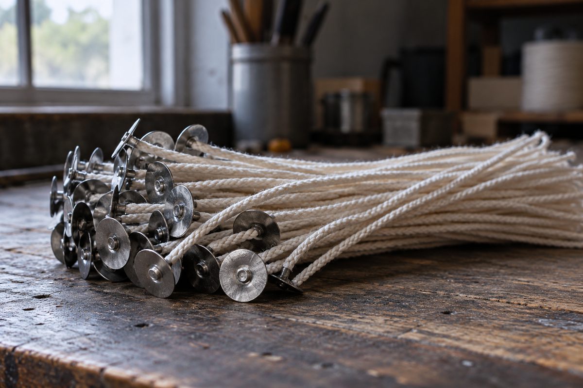Macro view of braided unbleached cotton candle wicks with round metal sustainer clips