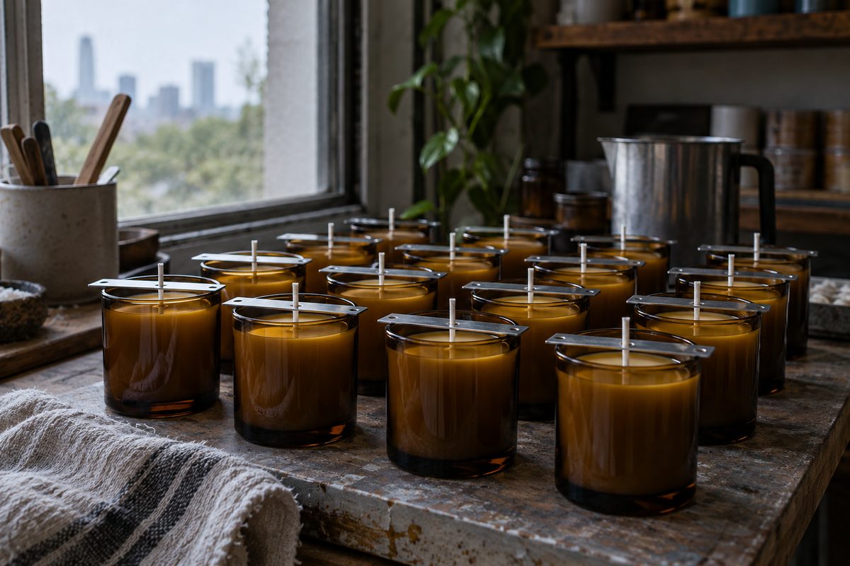Custom batch production run of twenty amber glass candles cooling with wick centering bars