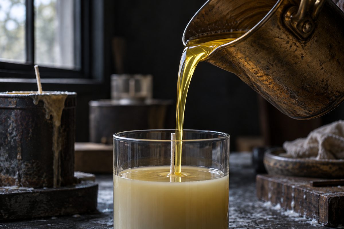 Molten translucent wax pouring from brass pitcher into candle vessel in continuous fluid ribbon