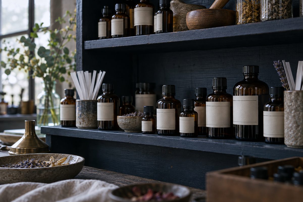 Row of dark amber fragrance oil bottles with technical batch labels on studio shelf