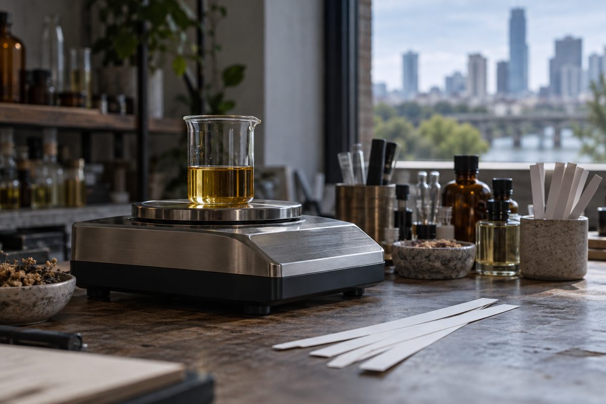 Precision digital scale and glass beaker during fragrance oil formulation testing