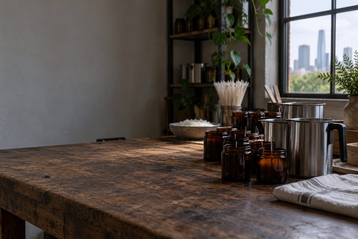 Aroma Home Austin studio workbench with amber jars and pouring pitcher under soft natural window light