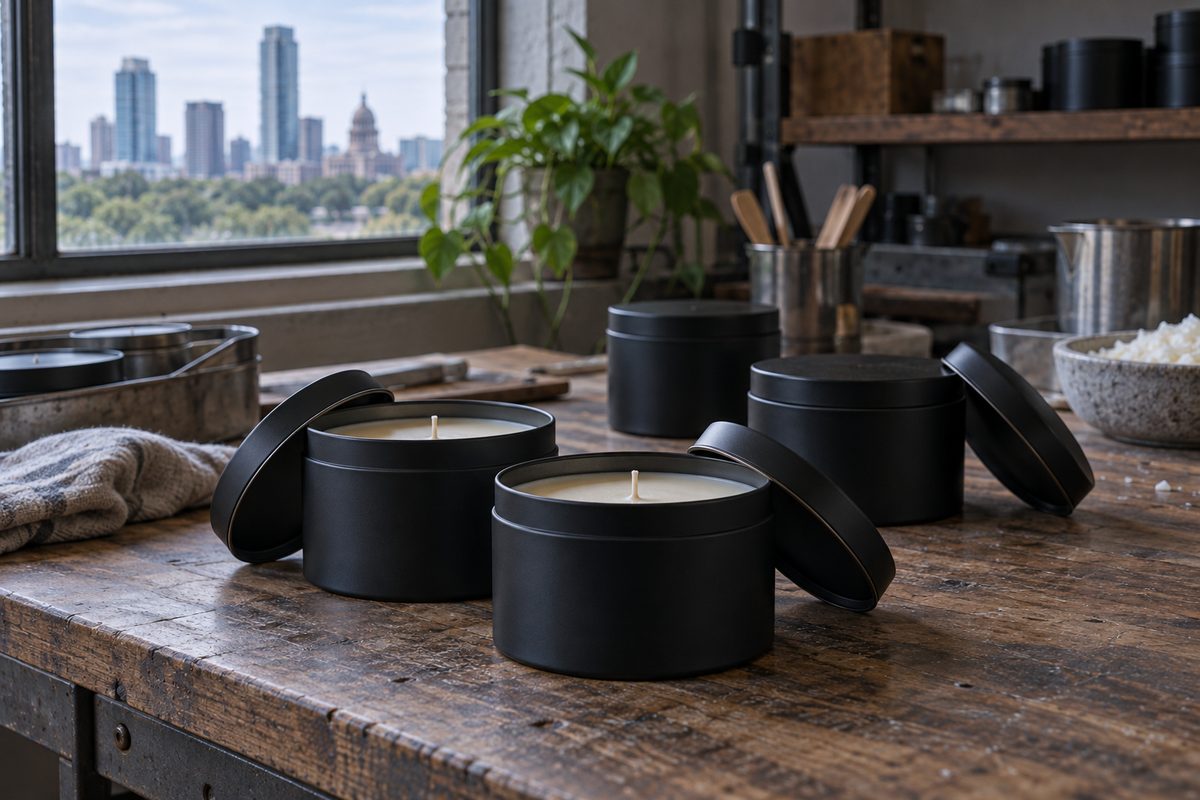 Matte black round steel candle tins with fitted lids on workbench