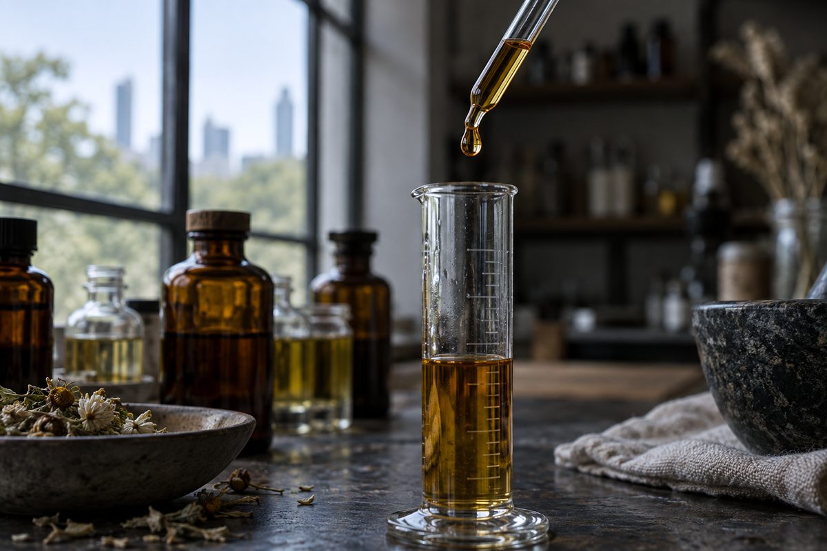Glass pipette releasing a single drop of concentrated amber fragrance oil into measuring cylinder