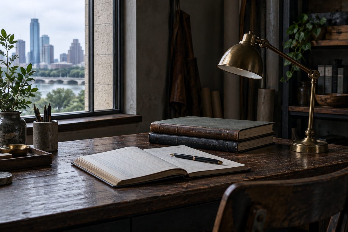 Bound physical formulation ledger and studio record books on dark oak desk