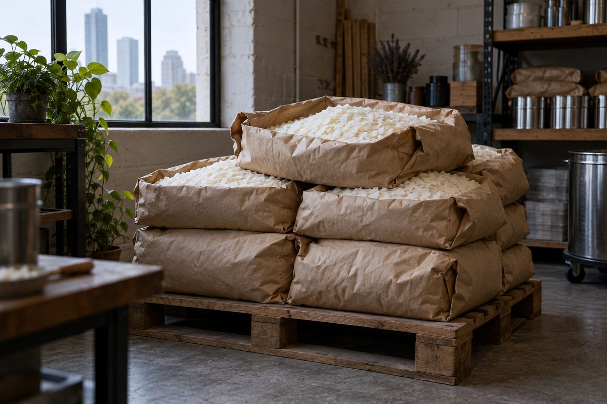 Heavy craft paper sacks of pure domestic soy wax flakes stacked on studio storage pallet