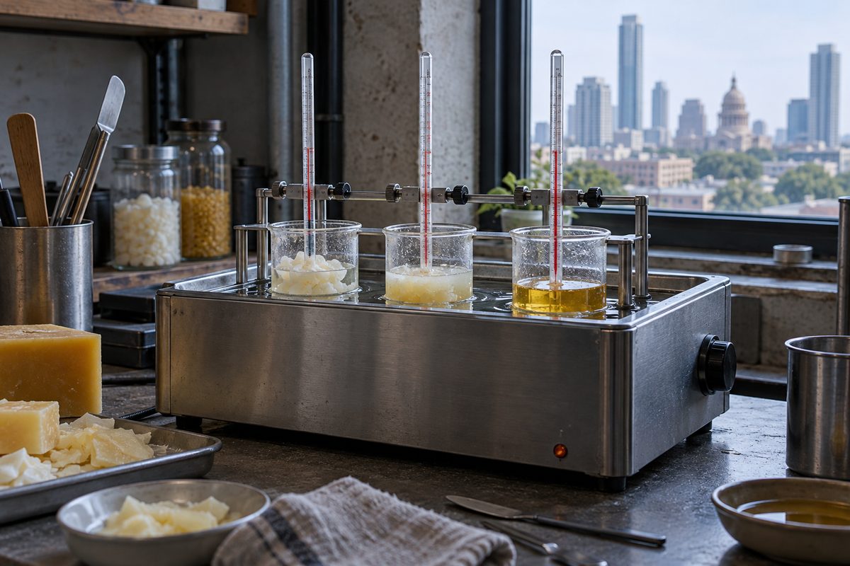 Laboratory water bath testing melt point thresholds of raw wax samples