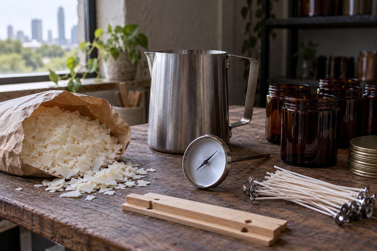 Complete candlemaking starter kit arranged on workshop counter including pitcher and thermometer