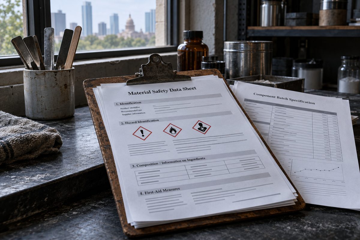 Wooden clipboard with printed technical component specification sheets on studio table