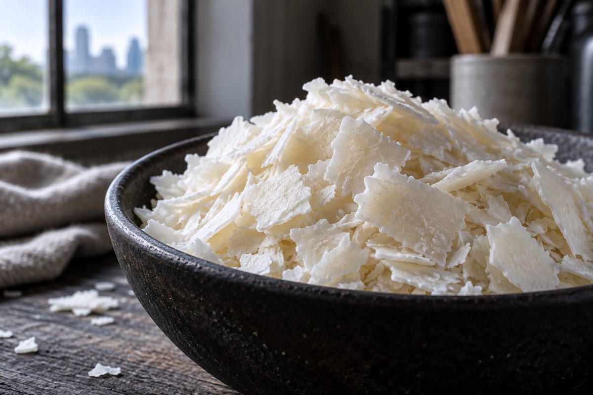 Macro detail of pure soy wax flakes showing crystalline matrix and clean flake texture