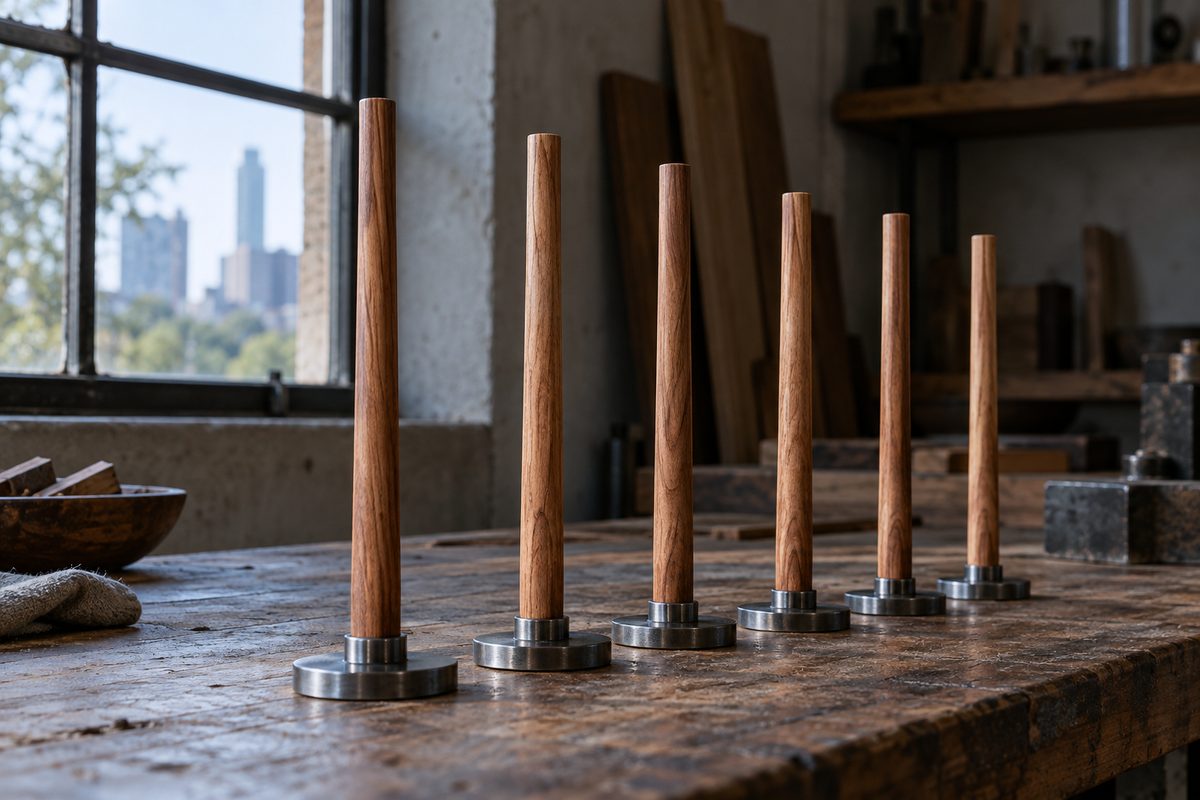 Slender cherry wood candle wicks mounted in steel tabs demonstrating natural grain