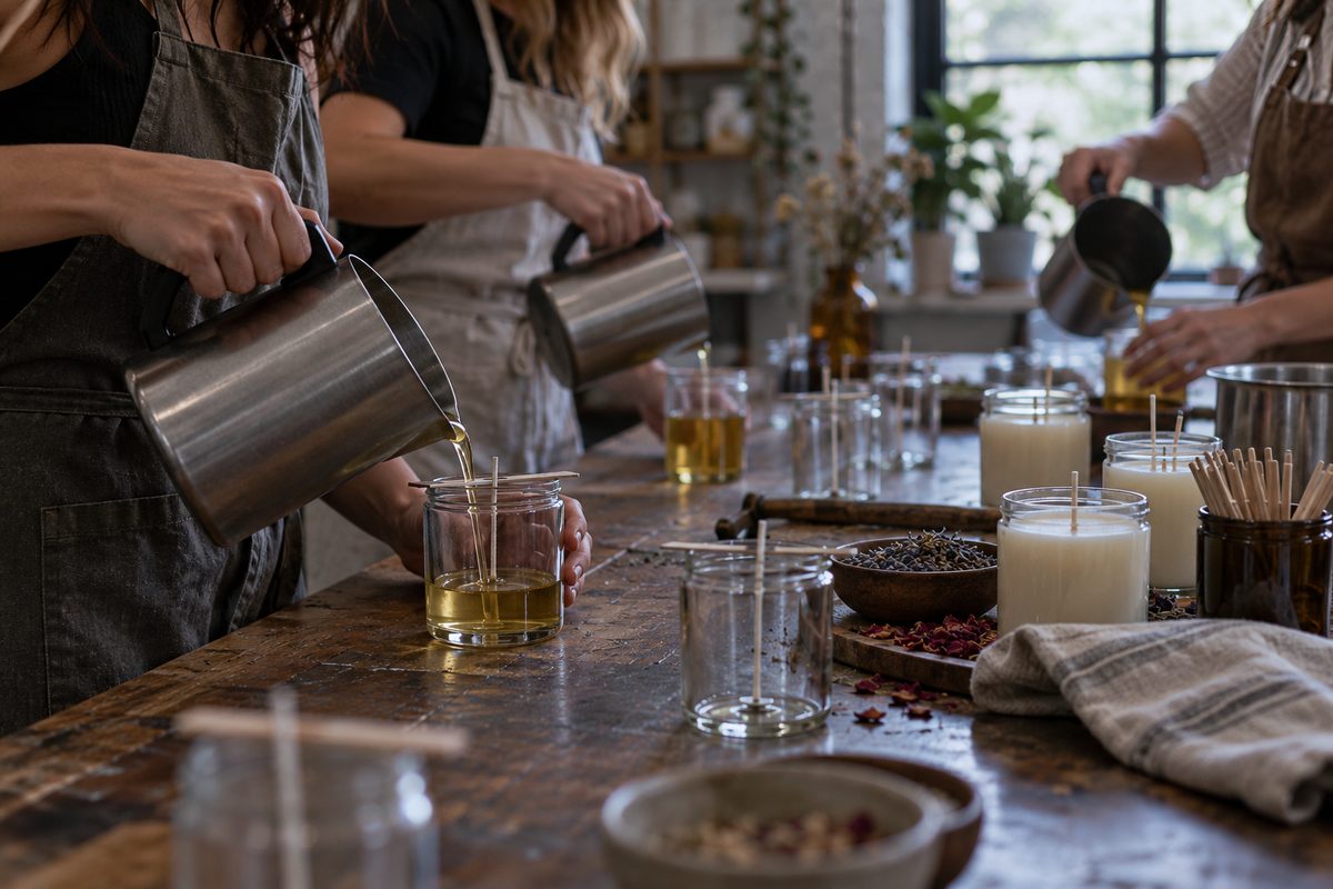 Workshop attendees pouring melted wax into wick-centered glass jars at Austin studio table